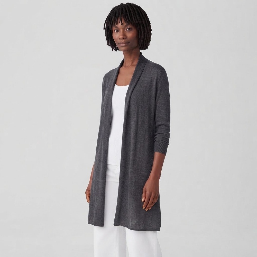 Eileen Fisher Organic Linen Cardigan S Gray Longline Quiet Luxury Neutral Chic